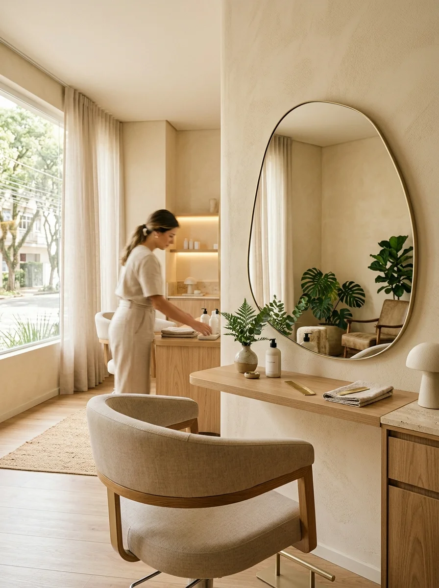 Ambiente acolhedor e sofisticado do AURA, salão de beleza em Porto Alegre
